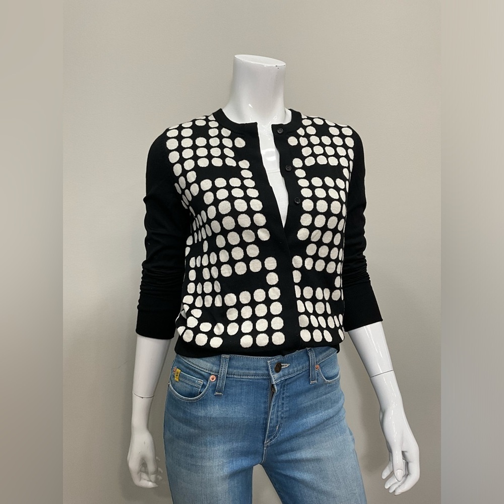 AKRIS PUNTO Saks Fifth Avenue Size US 8 Black Cream Polka Dot Cardigan Sweater - Picture 2 of 8